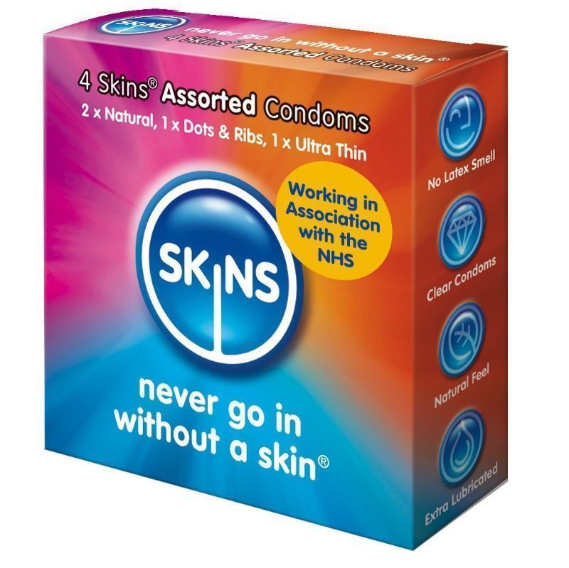 Preservativos Skins mix natural, fino, puntos y estrías 3, 4 y 12 unidades