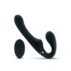 ARNÉS CONTROL REMOTO 15CM DOBLE VIBRACIÓN NEGRO RECARGABLE 10 MODOS SILICONA