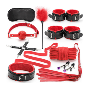 SET DE 10 PIEZAS DE BONDAGE NEGRO ROJO